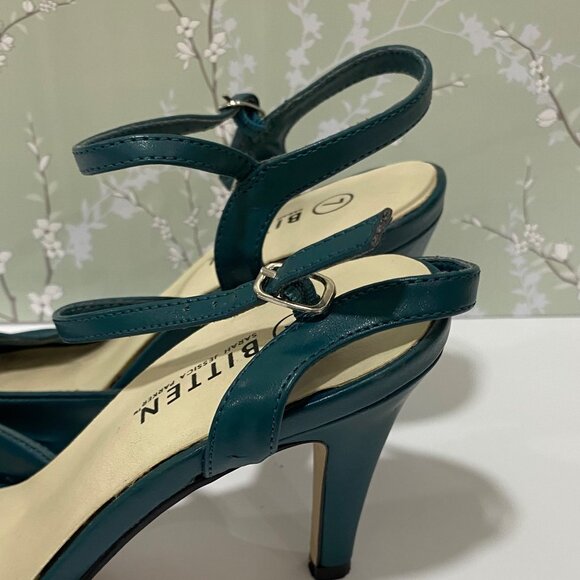 Vintage Bitten SJP Teal High Heel Peep Toe Sandals Size 7 Leather Upper Womens - Picture 3 of 7